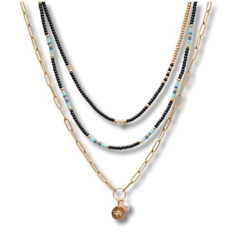 1349 Boho Set of 3 Necklaces Teen Girls, Bohemain Black Gold